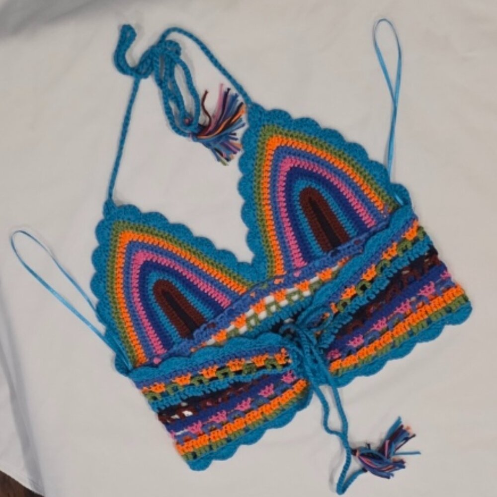 Bestto Boho Festival Crop Top Halter Bralette Size M L Rainbow Tassels - Picture 3 of 16